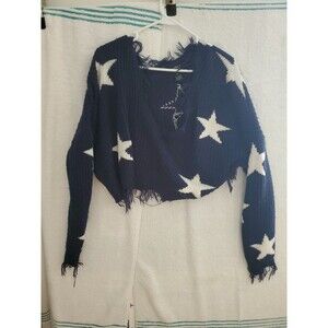 JUST POLLY Black /Cream Fringed Star Baggy Cropped V-Neck Sweater With Raw Edge.